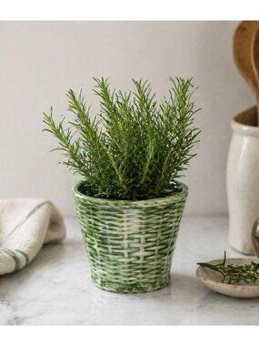 Vintage Green Ceramic Herb Planter Basketweave  Cottage Kitchen Utensil Holder